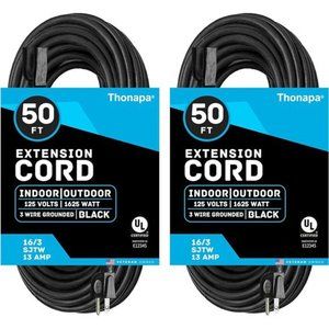Weatherproof Black Extension Cord 50 Ft, 2 Pack, Extension Cord Outdoor 3 Prong